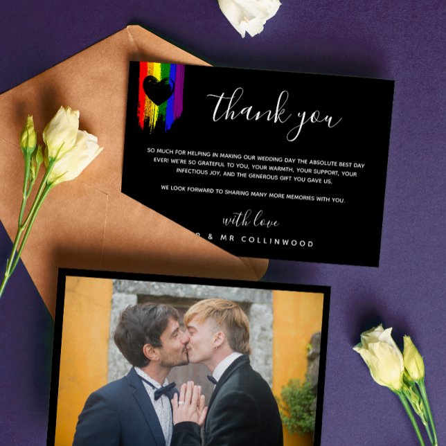 Black Heart Paint Strokes Pride Flag Photo Wedding Thank You Card (Creator Uploaded)