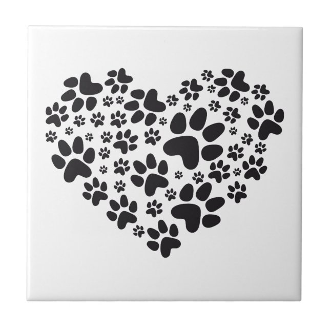 black heart with paws, animal foodprint pattern ceramic tile (Front)