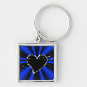 Black Heart with Stars on blue Rainbow Key Ring