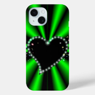 Black Heart with Stars on green Rainbow iPhone 15 Case