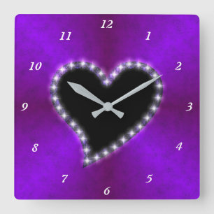 Black Heart with Stars on Pink Purple Rainbow Square Wall Clock