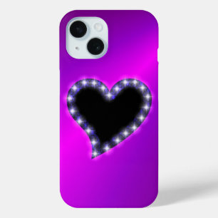 Black Heart with Stars on Purple Pink Rainbow iPhone 15 Case
