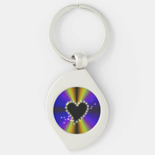 Black Heart with Stars on purple yellow Rainbow Key Ring
