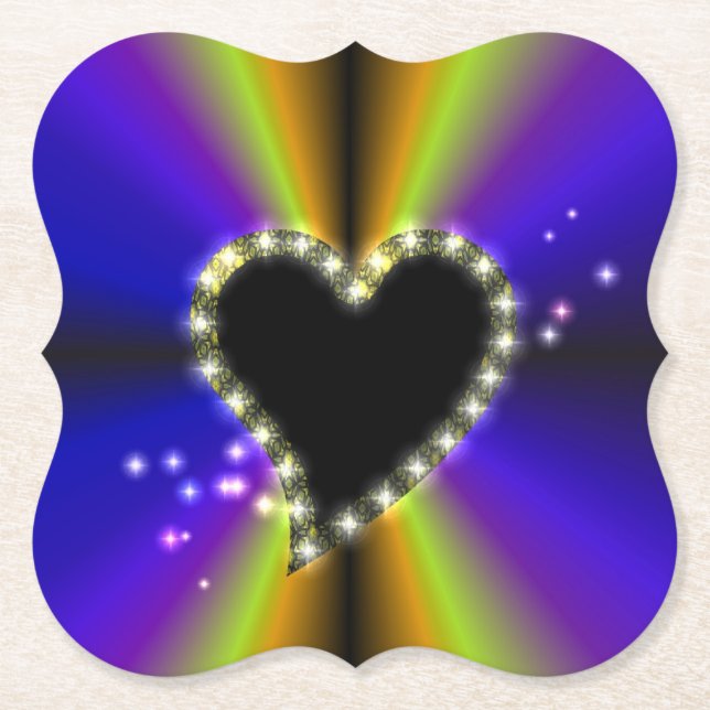 Black Heart with Stars on purple yellow Rainbow Paper Coaster (Front)