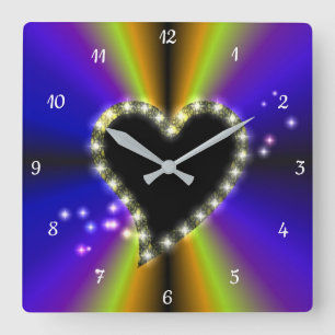 Black Heart with Stars on purple yellow Rainbow Square Wall Clock