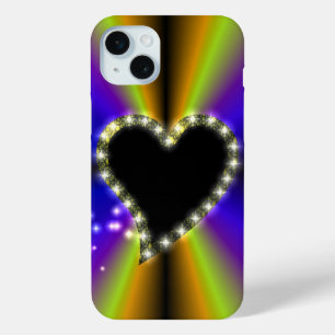 Black Heart with Stars on Rainbow iPhone 15 Mini Case