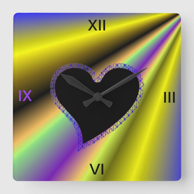 Black Heart with Stars on Rainbow Square Wall Clock (Front)