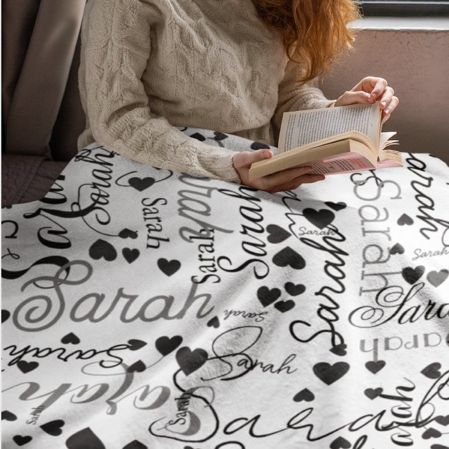 Black Hearts Personalised Name Replicated allover  Fleece Blanket (Creator Uploaded)