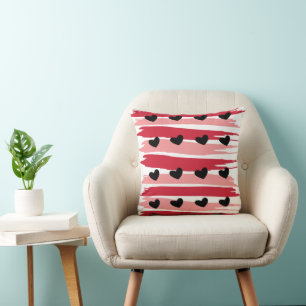 Black Hearts Red Pink Stripes Valentines Day Cushion