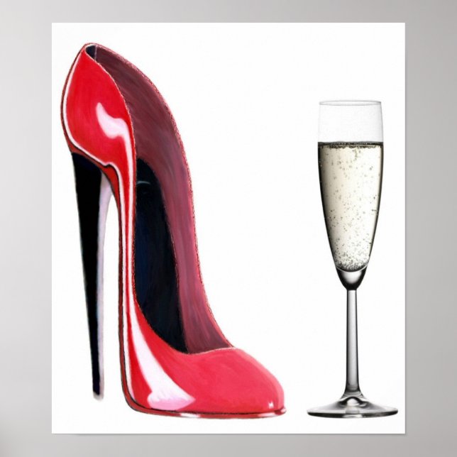 Black Heel Red Stiletto Shoe and Champagne Print (Front)