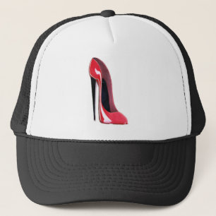 Black heel, red stiletto shoe trucker hat