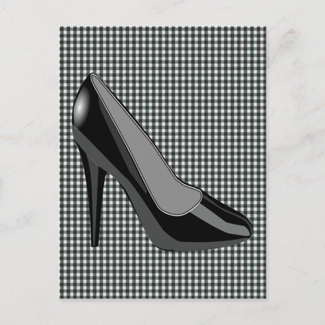 BLACK HEELS SHOE - BLACK GINGHAM BACKGROUND POSTCARD (Front)