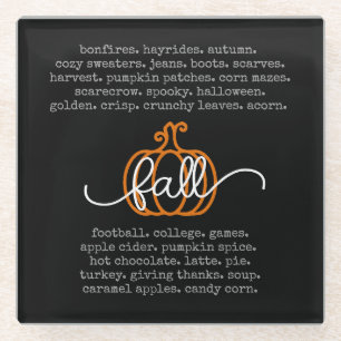 Black Hello Fall Definition Words Pumpkin Autumn Glass Coaster