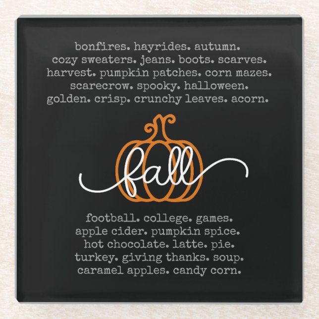 Black Hello Fall Definition Words Pumpkin Autumn Glass Coaster (Front)