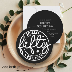 Black Hello Fifty 50th Birthday Invitation