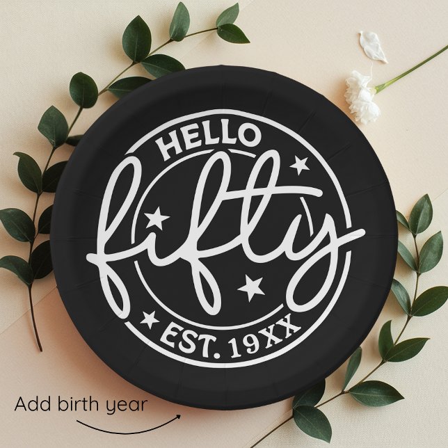 Black Hello Fifty 50th Birthday Paper Plate (Creator Uploaded)