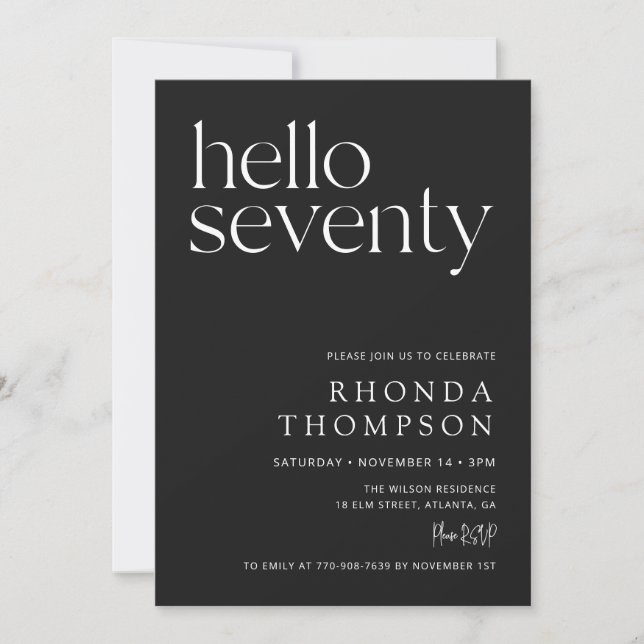 Black Hello Seventy Classic Simple 70th Birthday Invitation (Front)