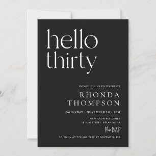 Black Hello Thirty Classic Simple 30th Birthday Invitation