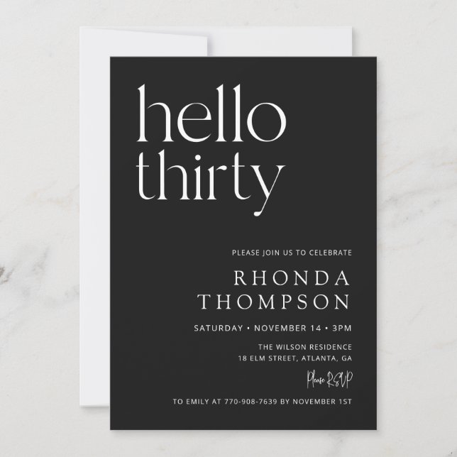 Black Hello Thirty Classic Simple 30th Birthday Invitation (Front)