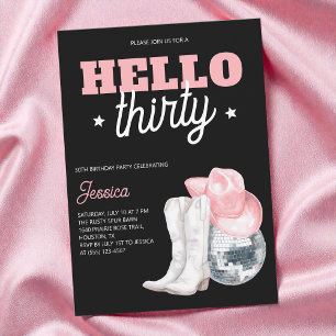 Black Hello Thirty  Western 30th Birthday Party Invitation