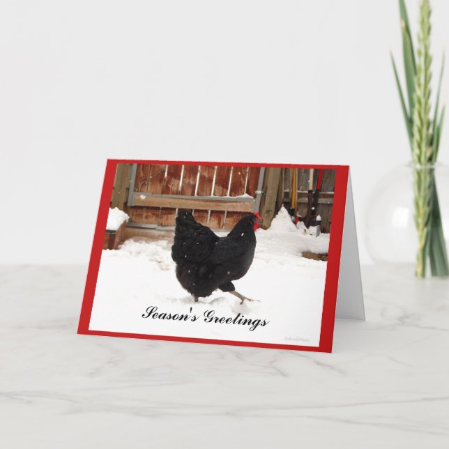 Black Hen Walking In Snow Holiday Greeting Cards (Front)