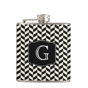 Black Herringbone Chevron Pattern with Monogram Hip Flask