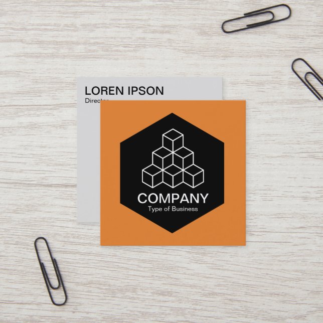Black Hexagon - Geometric Blocks - Orange Square Business Card (Front/Back In Situ)