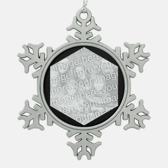 Black Hexagon Photo Border Snowflake Pewter Christmas Ornament (Front)