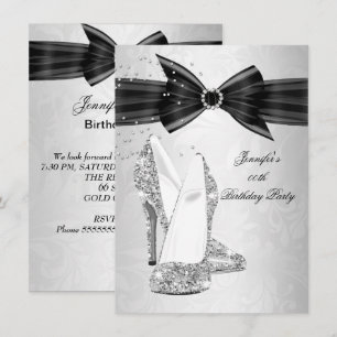 Black High Heel Shoe Silver Diamond Birthday Party Invitation