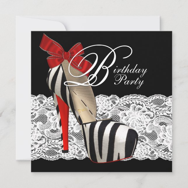 Black High Heel Shoes Red Zebra Birthday Party Invitation (Front)