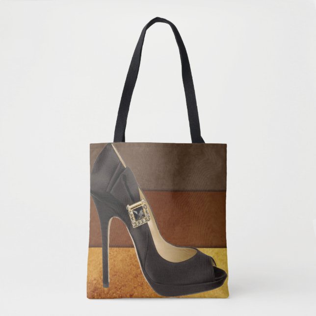Black High Heel With brown Gold Colours Tote Bag (Front)