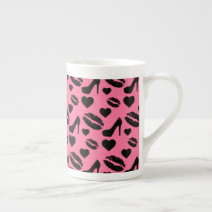 Black High Heels Kisses Lips Girly Makeup Hearts Bone China Mug