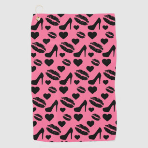Black High Heels Kisses Lips Girly Makeup Hearts Golf Towel