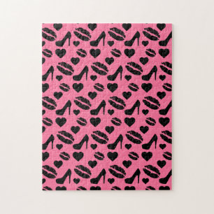 Black High Heels Kisses Lips Girly Makeup Hearts Jigsaw Puzzle