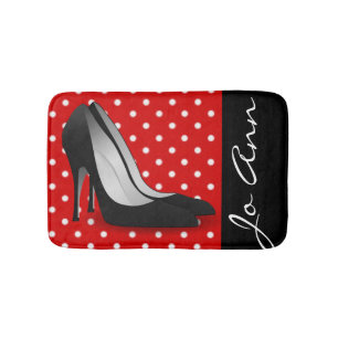 Black High Heels Red White Polka Dot Pattern Bath Mat