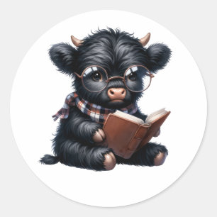 Black Highland Cow Reading A Book Classic Round Sticker