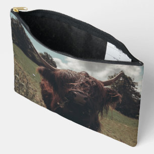 Black highland Scottish cow grazing vintage retro Accessory Pouch