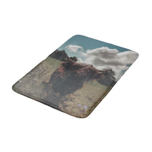 Black highland Scottish cow grazing vintage retro Bath Mat
