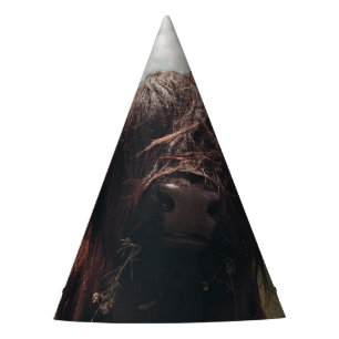 Black highland Scottish cow grazing vintage retro Party Hat