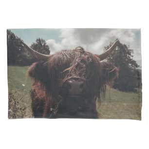 Black highland Scottish cow grazing vintage retro Pillowcase