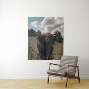 Black highland Scottish cow grazing vintage retro Tapestry