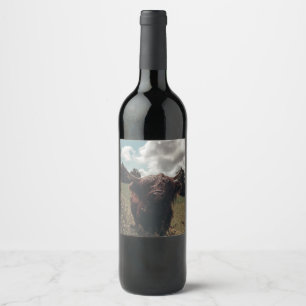 Black highland Scottish cow grazing vintage retro Wine Label