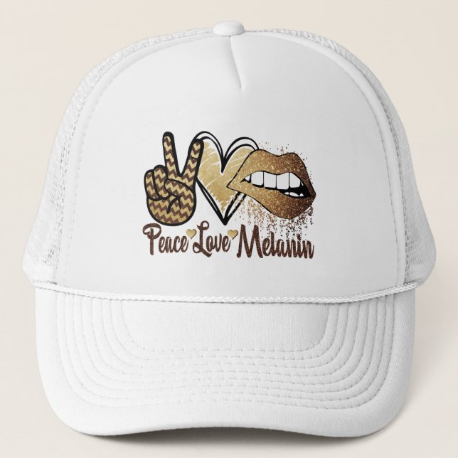 Black History Peace Love Melanin Trucker Hat (Front)