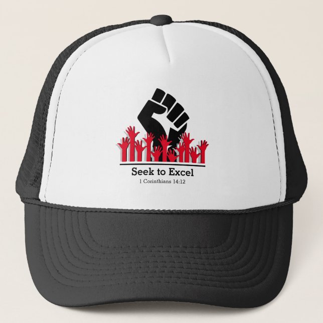 Black History SEEK TO EXCEL Power Fist MLK Custom Trucker Hat (Front)