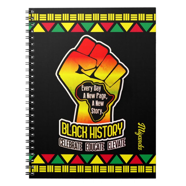 Black History with Africa Map and Fist on BLACK Notebook (Front)