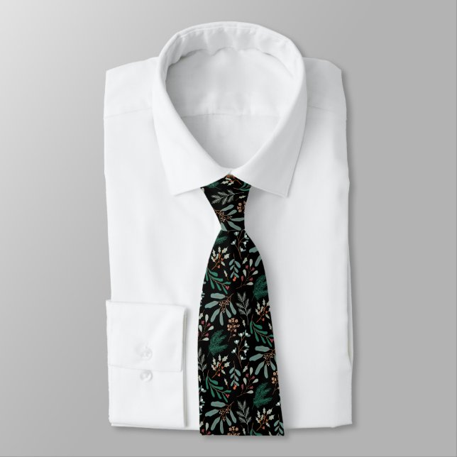 Black Holiday Greenery Pattern Tie (Tied)