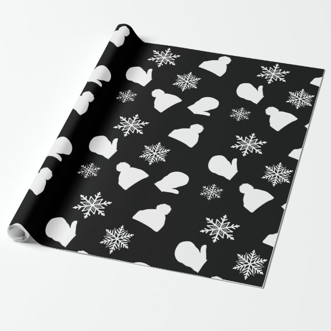 Black Holiday Mittens and Christmas Hats Wrapping Paper (Unrolled)