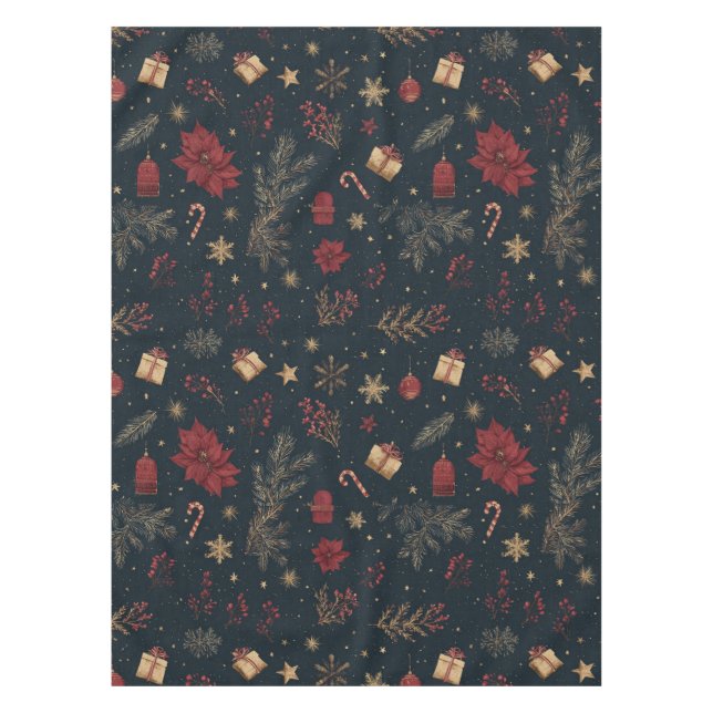 Black Holiday Watercolor Pine Berry Whimsical Tablecloth (Front)