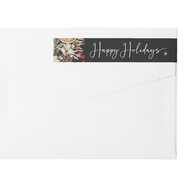 Black Holiday Wrap Around Label (Black Boho Botanical Happy Holidays Wrap Around Label
)