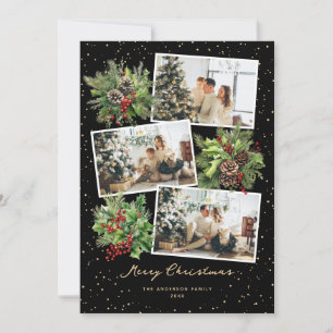 Black Holly Berries Pine Photo Christmas Card